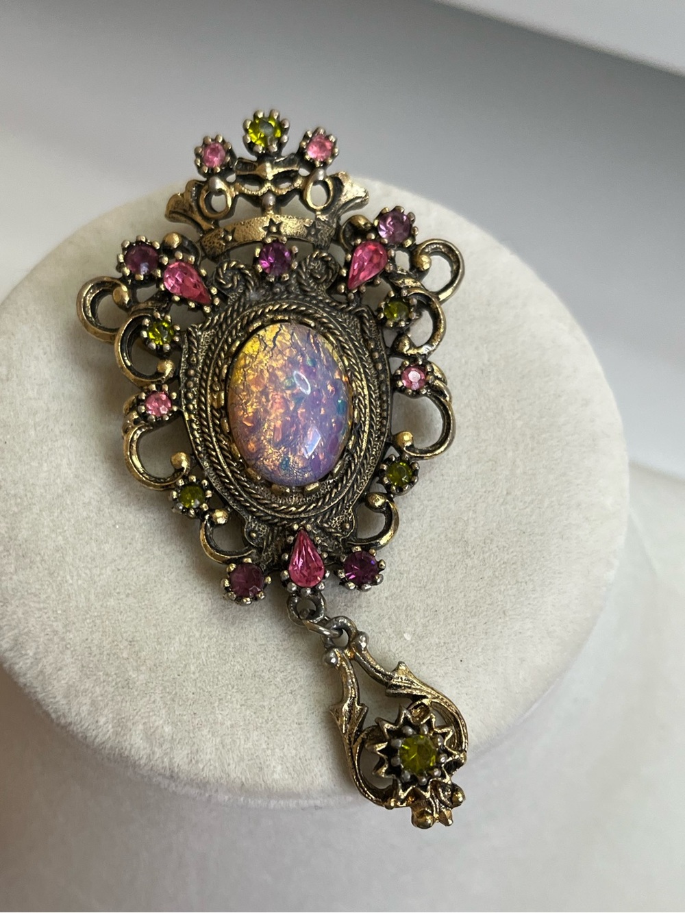 Sarah Coventry Contessa Brooch Pendant Victorian Crown Faux Opal and Rhinestones